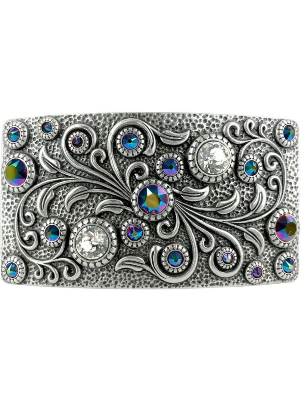 Rhinestone Crystal Belt Buckle - Antique Brass Floral Engraved Rectangle Design